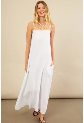 Kadın Beyaz Cepli İp Askılı Midi Müslin Elbise BTY100