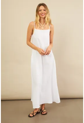 Kadın Beyaz Cepli İp Askılı Midi Müslin Elbise BTY100