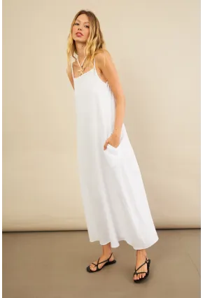 Kadın Beyaz Cepli İp Askılı Midi Müslin Elbise BTY100