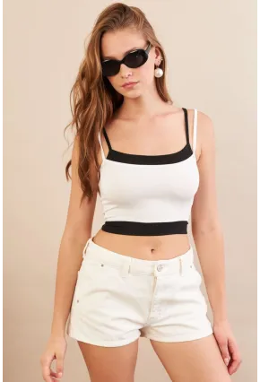 Kadın Beyaz Color Block Askılı Crop Bluz AN8082