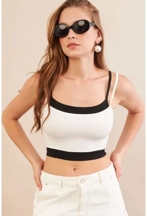 Kadın Beyaz Color Block Askılı Crop Bluz AN8082