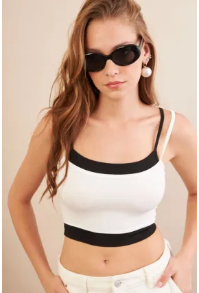 Kadın Beyaz Color Block Askılı Crop Bluz AN8082