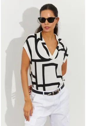 Kadın Beyaz Desenli V Yaka Bluz LPP1217