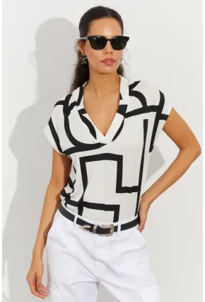 Kadın Beyaz Desenli V Yaka Bluz LPP1217