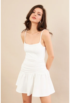 Kadın Beyaz Drapeli Mini Elbise DCF080