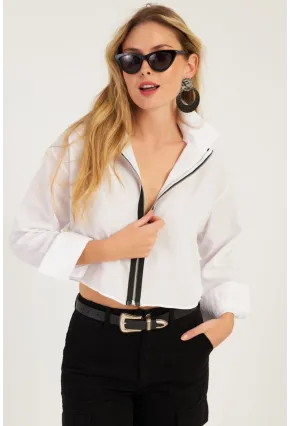 Kadın Beyaz Fermuarlı Kısa Gömlek SF2541