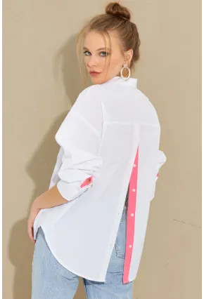 Kadın Beyaz-Fuşya Sırtı Düğmeli Gömlek ROT274