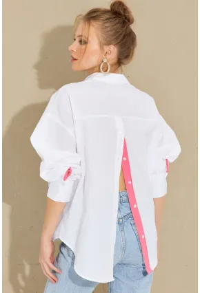 Kadın Beyaz-Fuşya Sırtı Düğmeli Gömlek ROT274