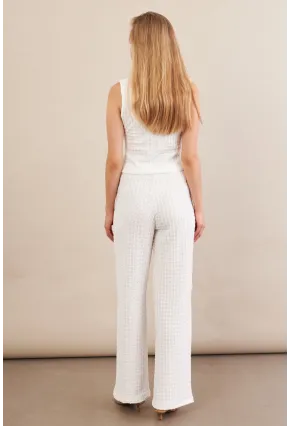 Kadın Beyaz Gofre Yelek Pantalon Takım FLU330