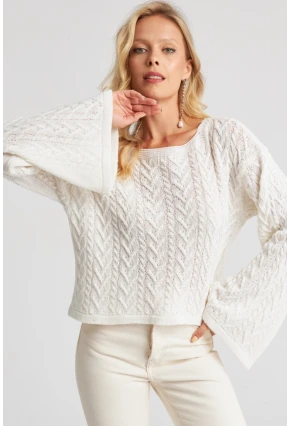 Kadın Beyaz İspanyol Kol Ajurlu İnce Triko Kazak YV214-90