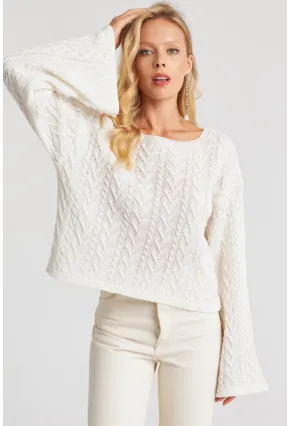 Kadın Beyaz İspanyol Kol Ajurlu İnce Triko Kazak YV214-90