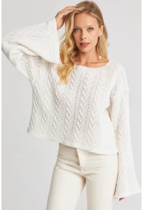 Kadın Beyaz İspanyol Kol Ajurlu İnce Triko Kazak YV214-90