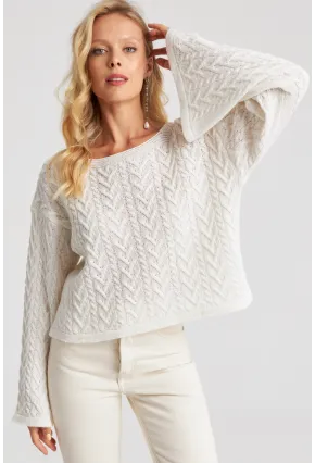 Kadın Beyaz İspanyol Kol Ajurlu İnce Triko Kazak YV214-90