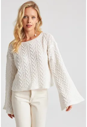 Kadın Beyaz İspanyol Kol Ajurlu İnce Triko Kazak YV214-90