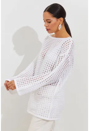 Kadın Beyaz İspanyol Kol Ajurlu Triko Uzun Bluz SMT198