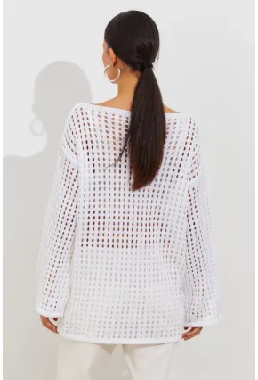 Kadın Beyaz İspanyol Kol Ajurlu Triko Uzun Bluz SMT198