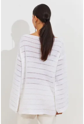 Kadın Beyaz İspanyol Kol Ajurlu Triko Uzun Bluz SMT199