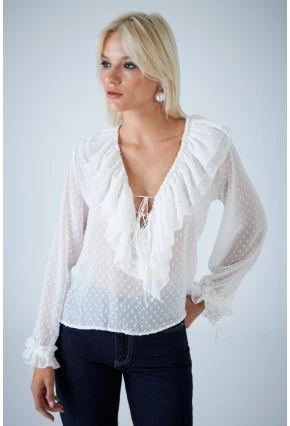 Kadın Beyaz Kendinden Desenli Fırfırlı Transparan Bluz FRO0058