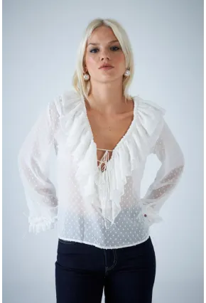 Kadın Beyaz Kendinden Desenli Fırfırlı Transparan Bluz FRO0058