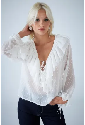 Kadın Beyaz Kendinden Desenli Fırfırlı Transparan Bluz FRO0058