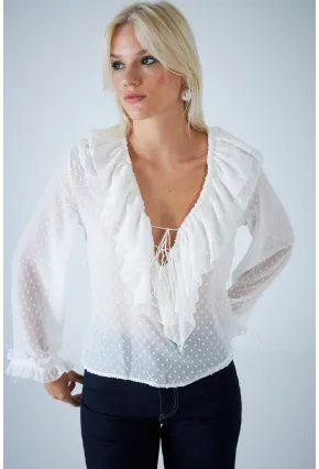 Kadın Beyaz Kendinden Desenli Fırfırlı Transparan Bluz FRO0058