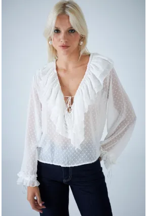 Kadın Beyaz Kendinden Desenli Fırfırlı Transparan Bluz FRO0058