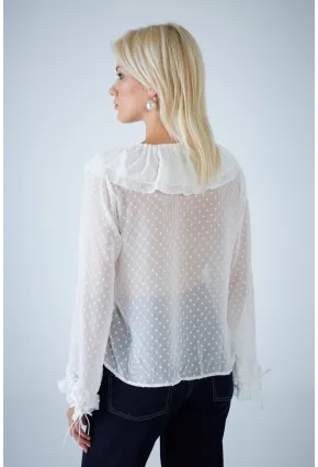 Kadın Beyaz Kendinden Desenli Fırfırlı Transparan Bluz FRO0058