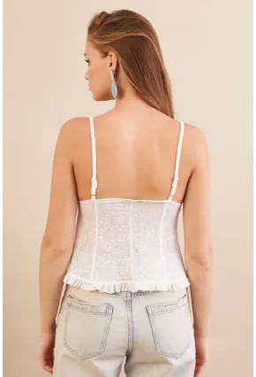 Kadın Beyaz Kendinden Desenli Tül Bluz KED7329