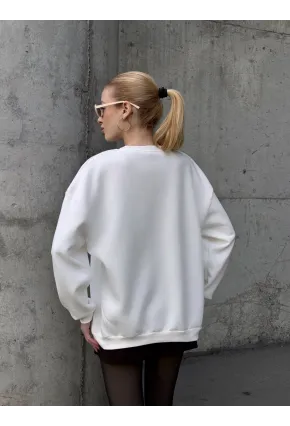 Kadın Beyaz Leopar Desenli New York Baskılı Oversize Sweatshirt