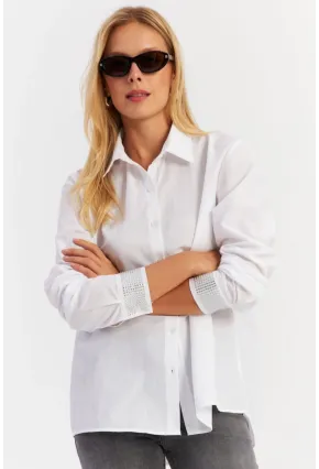 Kadın Beyaz Manşeti Taşlı Gömlek MZER415