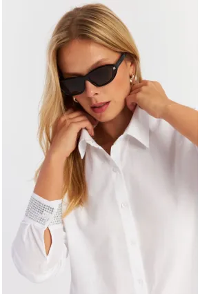 Kadın Beyaz Manşeti Taşlı Gömlek ZER415