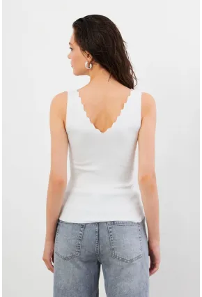 Kadın Beyaz Merdiven Yaka Triko Bluz YV83