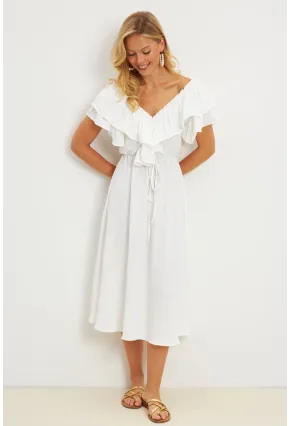 Kadın Beyaz Ön Arka V Volanlı Elbise KS113