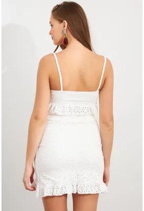 Kadın Beyaz Önü Bağlamalı Mini Etekli Takım LİT1088