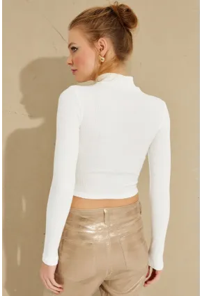 Kadın Beyaz Önü Damla Crop Bluz LPP1243