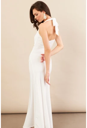 Kadın Beyaz Sırtı Açık Boyun Bağlamalı Maxi Elbise DCF061