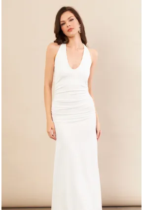 Kadın Beyaz Sırtı Açık Boyun Bağlamalı Maxi Elbise DCF061