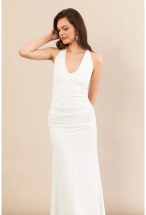 Kadın Beyaz Sırtı Açık Boyun Bağlamalı Maxi Elbise DCF061