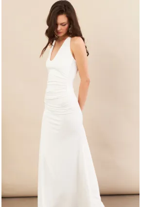 Kadın Beyaz Sırtı Açık Boyun Bağlamalı Maxi Elbise DCF061