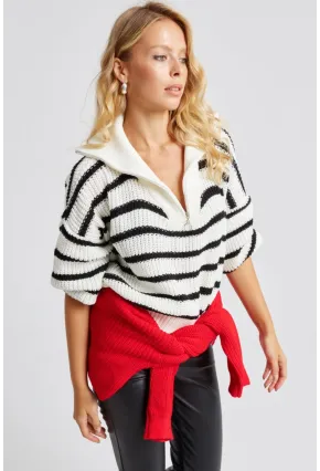 Kadın Beyaz-Siyah Fermuarlı Çizgili Kazak MSS133