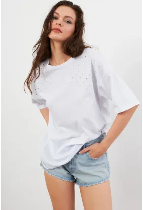 Kadın Beyaz Taşlı Salaş T-Shirt TF86