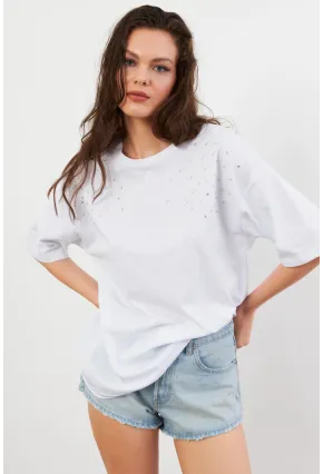 Kadın Beyaz Taşlı Salaş T-Shirt TF86
