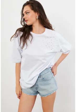 Kadın Beyaz Taşlı Salaş T-Shirt TF86