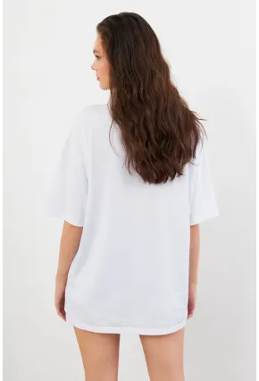 Kadın Beyaz Taşlı Salaş T-Shirt TF86