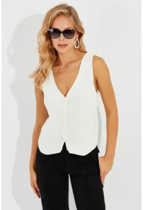 Kadın Beyaz Triko Düğmeli Yelek YV205-90