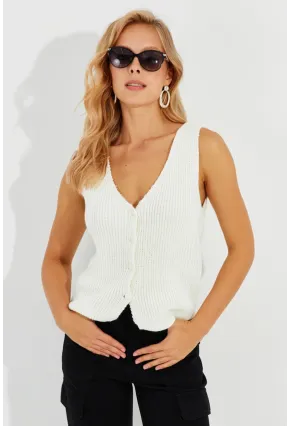 Kadın Beyaz Triko Düğmeli Yelek YV205-90