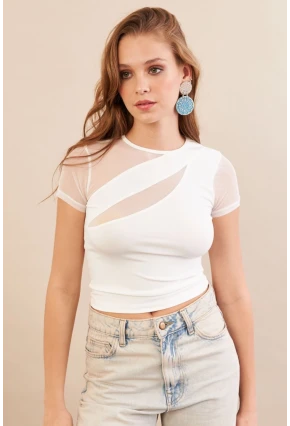Kadın Beyaz Tül Detaylı Bluz AN8087