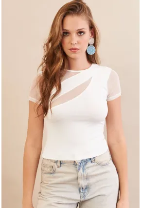 Kadın Beyaz Tül Detaylı Bluz AN8087