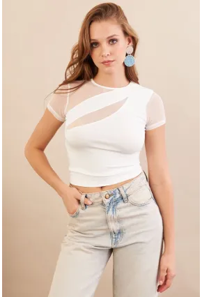Kadın Beyaz Tül Detaylı Bluz AN8087