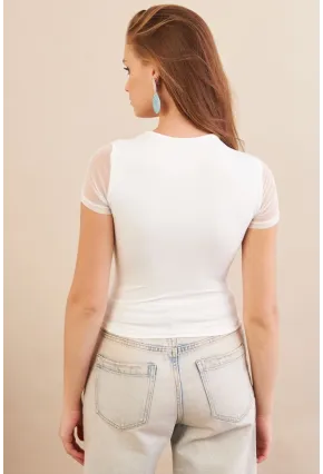 Kadın Beyaz Tül Detaylı Bluz AN8087